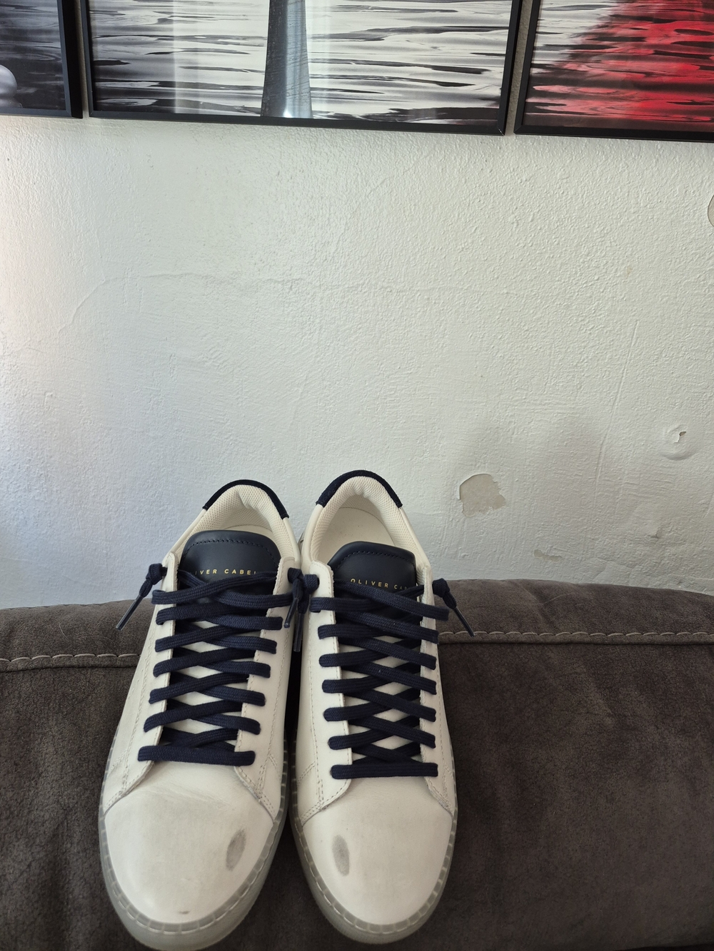 Oliver Cabell Women’s Low-Top Leather Sneakers in White with Navy Accents